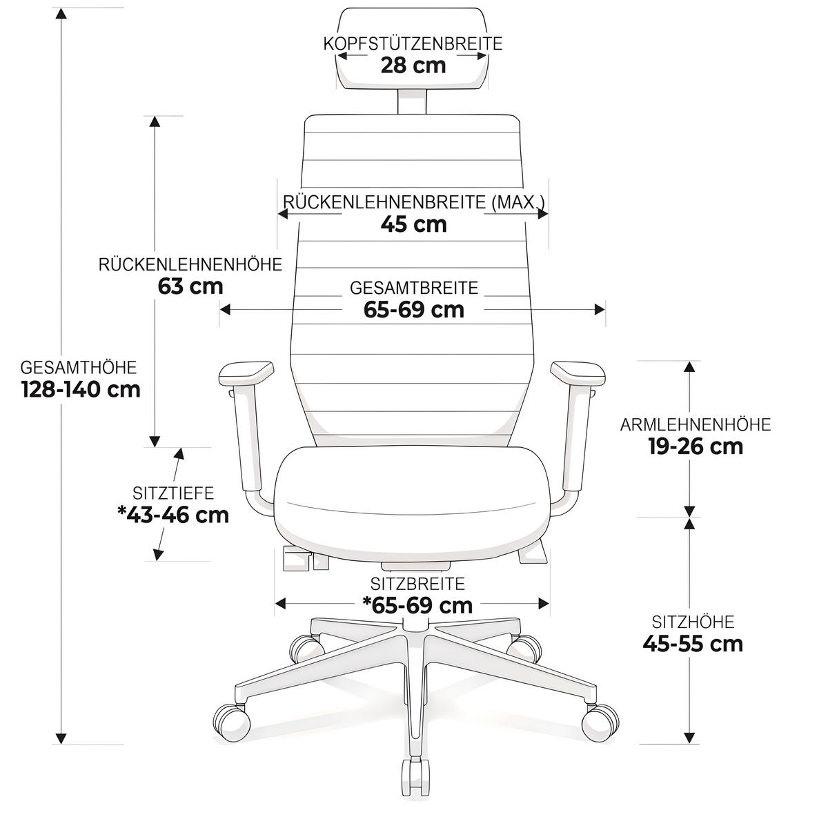 CHEFSESSEL V1301 Stoff Schwarz - ergonomisch, 150 kg belastbar, Sitzhöhe 45-55cm - Schwarz, Kunststoff/Textil (65/128/69cm) - Versee