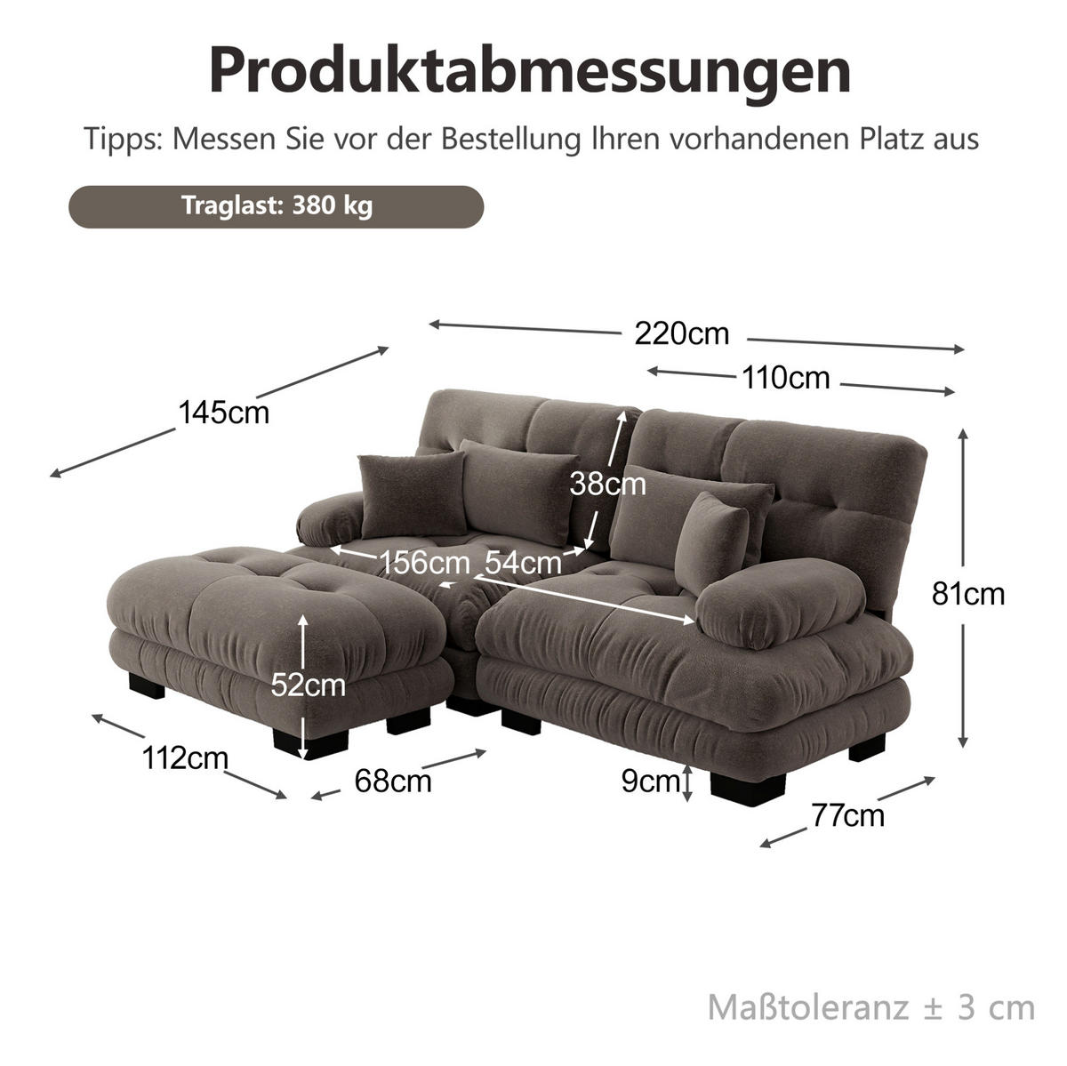 ROHOVÁ sedačka s taburetkami, ženilka, hnedá, 220/145 cm - hnedá, textil (145/220cm) - Flora Grace