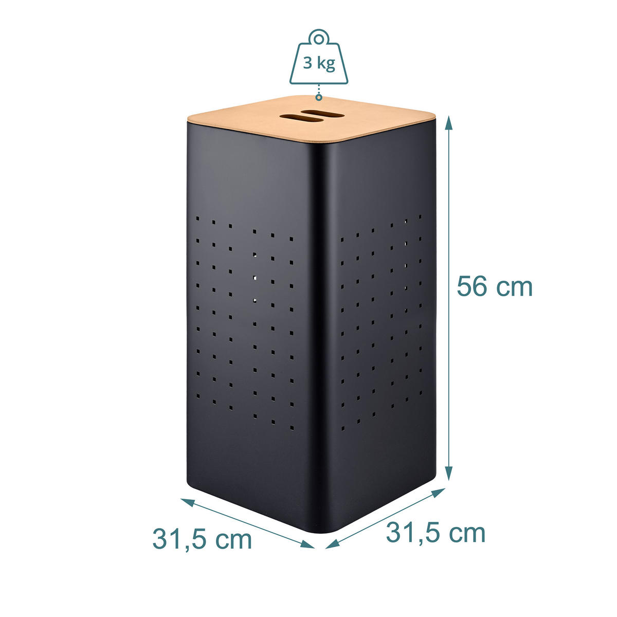 KOŠ Črn za perilo kovinski s pokrovom videz lesa 55 l - črna, kovina/leseni material (31.5/31.5/56cm) - Relaxdays