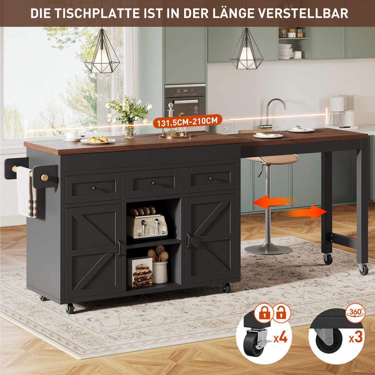 KÜCHENINSEL 120/40/92 cm Schwarz mit 3 Schubladen, Stauraum und Schränken - Schwarz, Holz/Holzwerkstoff (112.5/92/45cm) - Oxeza
