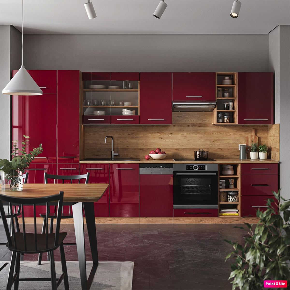 PENTRY Fame-Line Bordeaux högblank/Goldkraft ek 355 cm , AP Antracit - Bordeaux/Honungsek, Träbaserade material (355/206.8/60cm) - Vicco