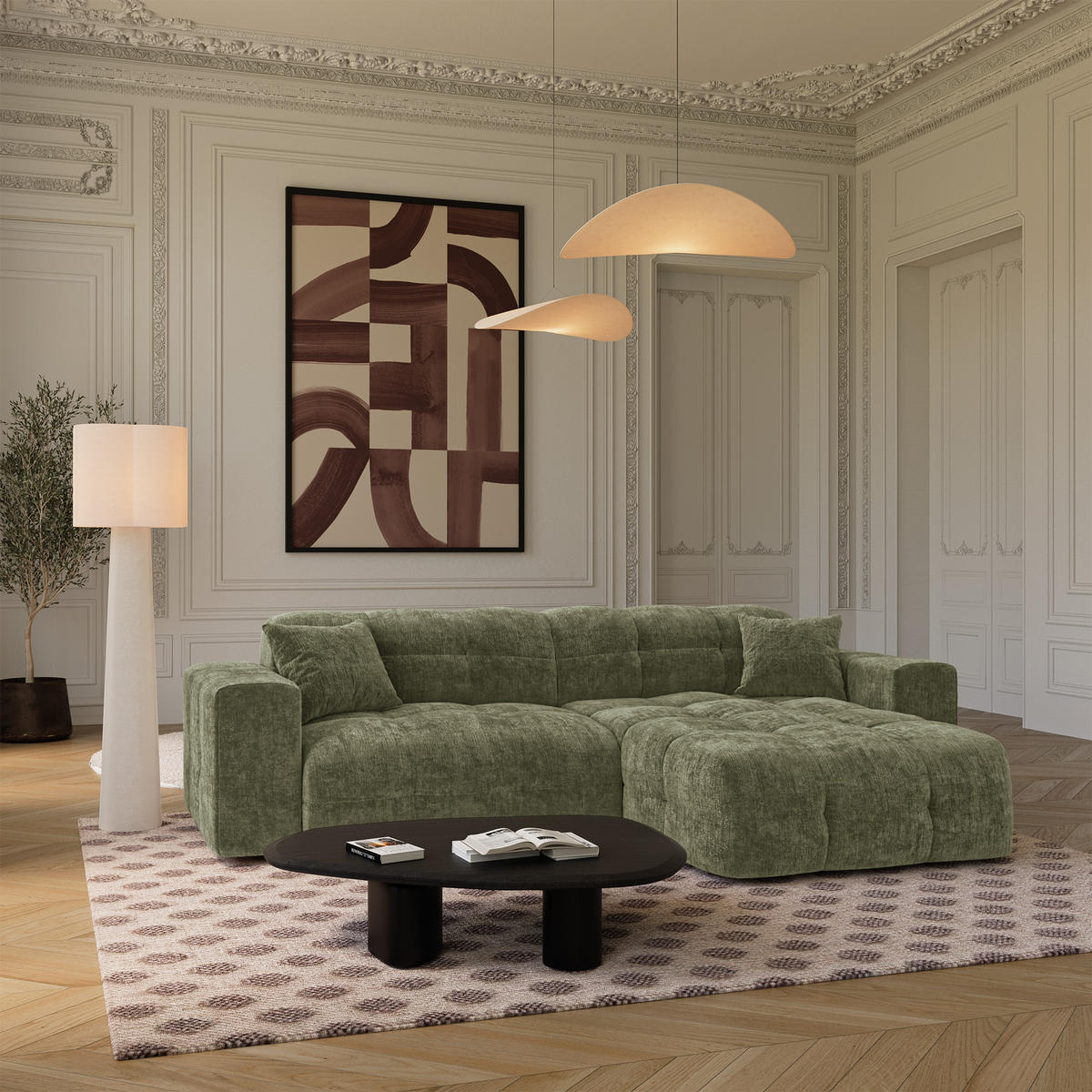 ECKSOFA rechtwinklig COCOON Geprägter Samt Vintage-Grün 230cm - Dunkelgrün/Grün, Textil (230/155cm) - Premium Interiors