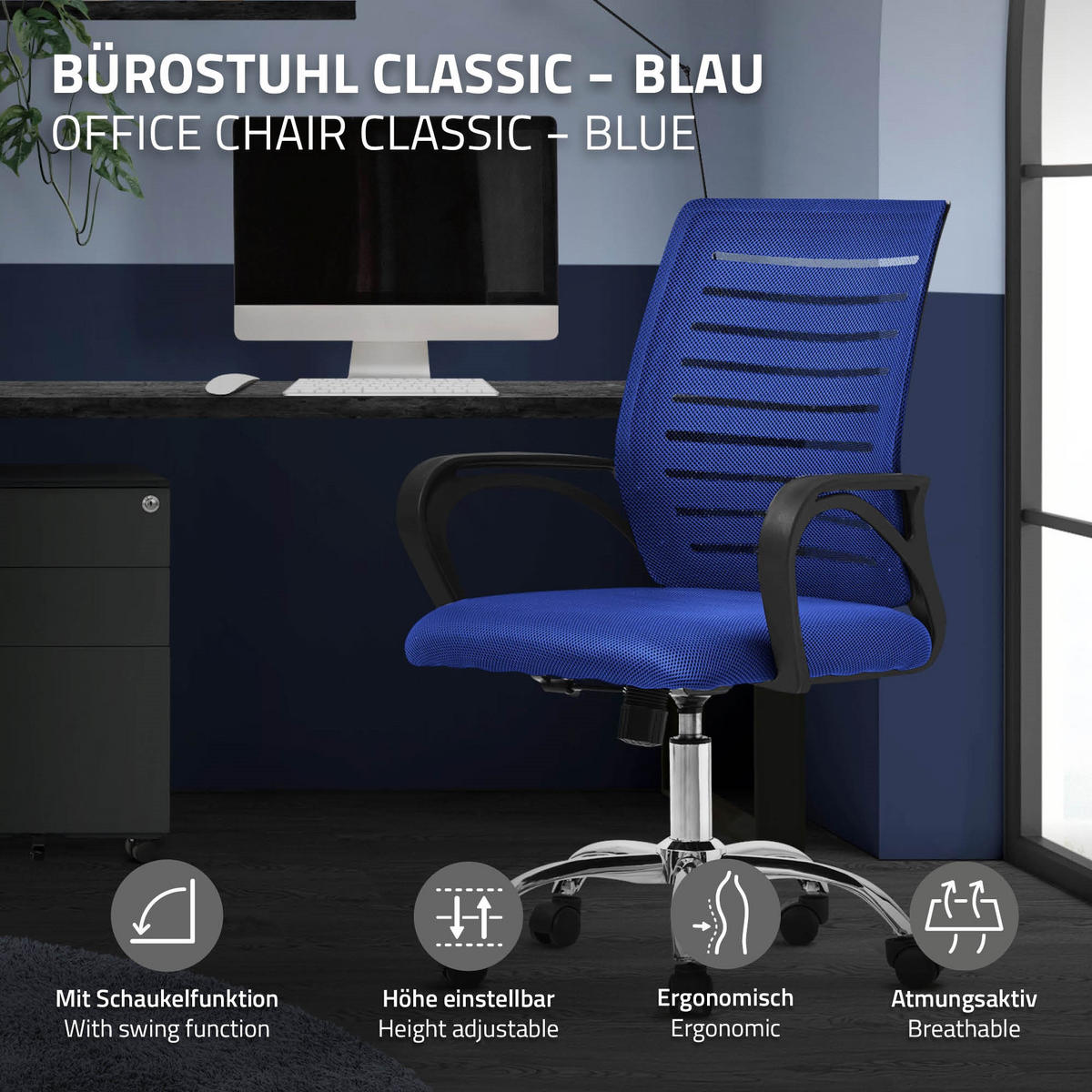 SCHREIBTISCHSTUHL Classic blau - Blau, Metall (54/99/59cm) - ML-DESIGN