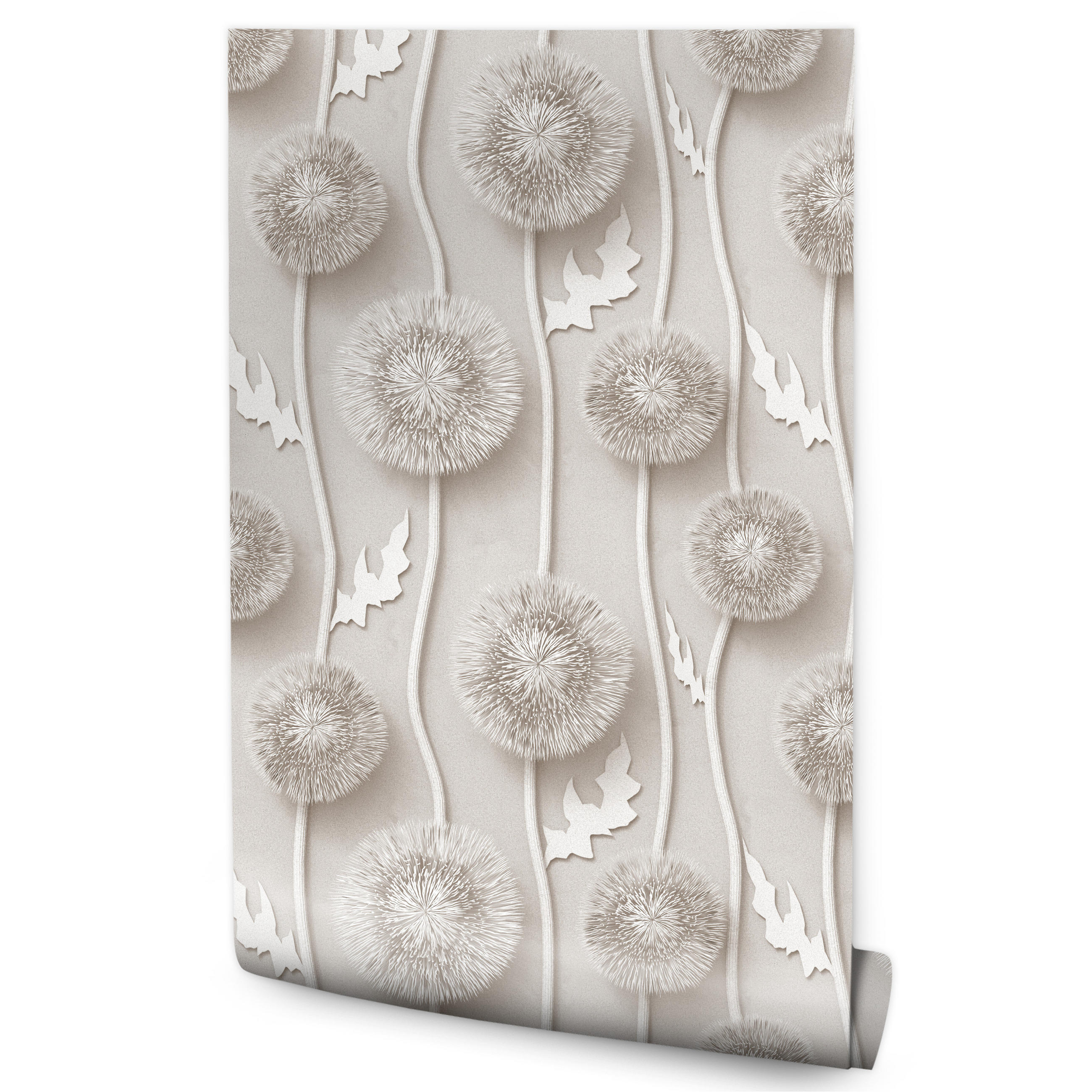 VLIESTAPETE Pusteblumen in 3D-Optik – Beige, Grau – 50x1000 cm - Beige/Grau, Papier (50/1000cm) - Muralo