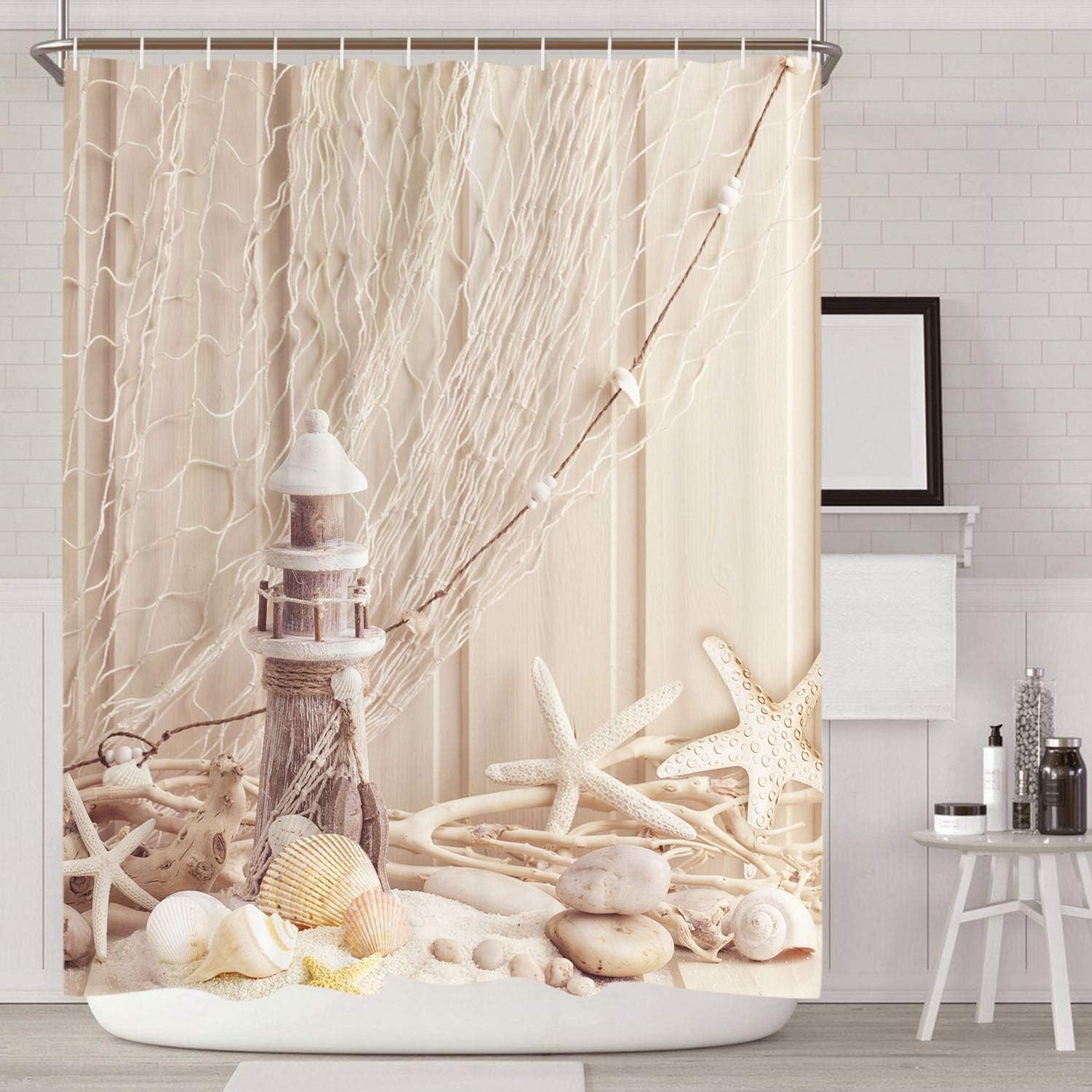 DUSCHVORHANG Stoff mit Ringen Muster Muscheln Digitaldruck Polyester schimmelresistent Beige - Multicolor, Textil (200/200cm) - MCBOSON