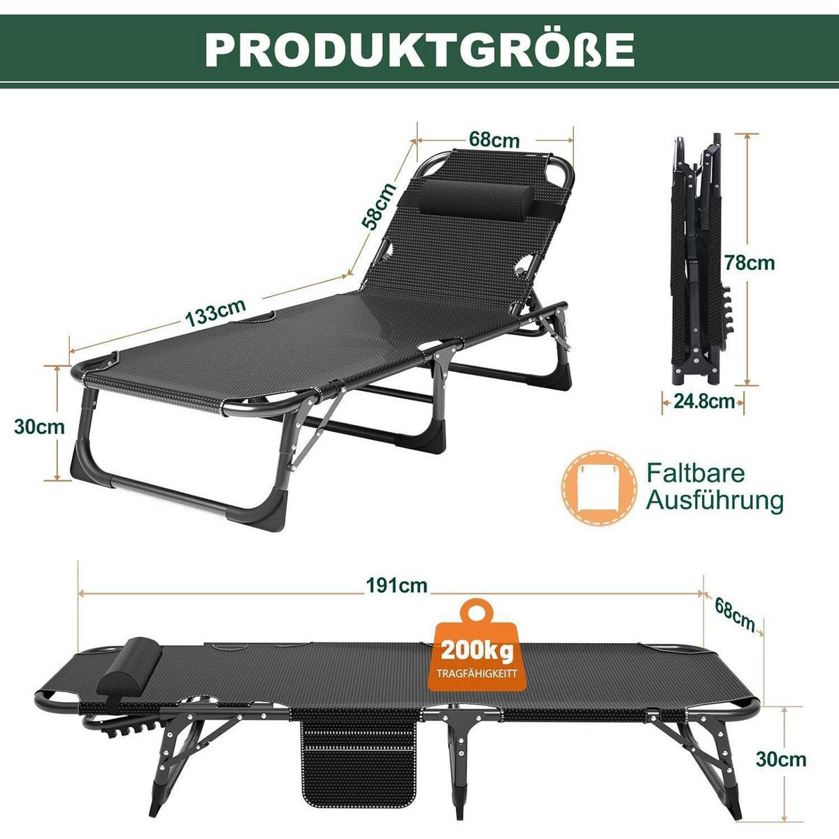SONNENLIEGE Klappbar mit Matratze 200 kg belastbar Blau - Blau, Textil (68/30/191cm)