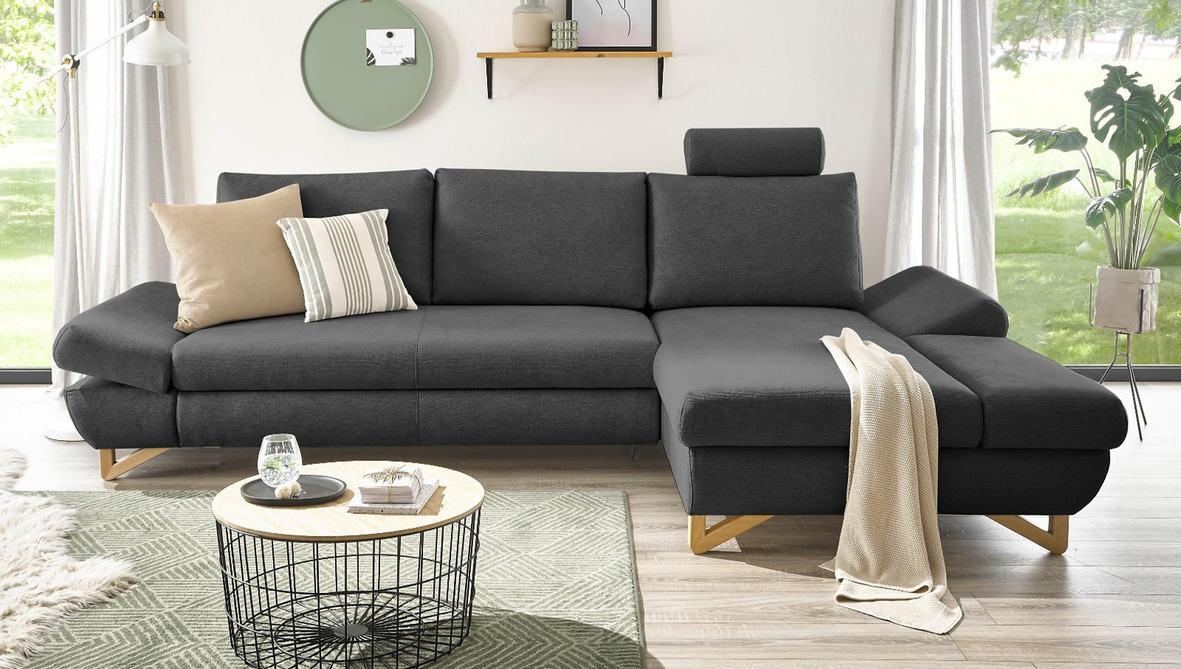 ECKSOFA grau Velours, Wohnzimmer Sofa - Grau, Holz/Textil (284/166cm) - Furn.Design