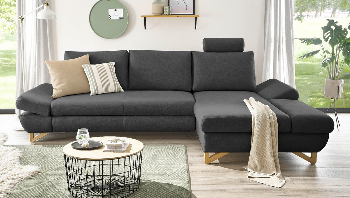 ECKSOFA grau Velours, Wohnzimmer Sofa - Grau, Holz/Textil (284/166cm) - Furn.Design