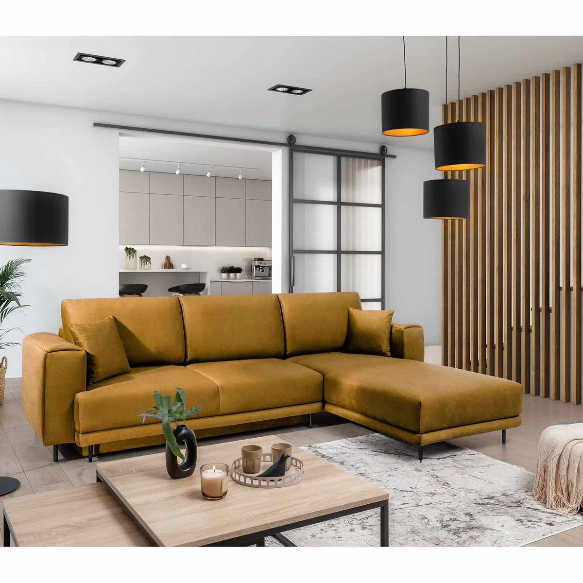 ECKSOFA mit Schlaffunktion und Bettkasten, Loco-Stoff - Gelb/Schwarz, Textil/Metall (190/289cm) - Eltap