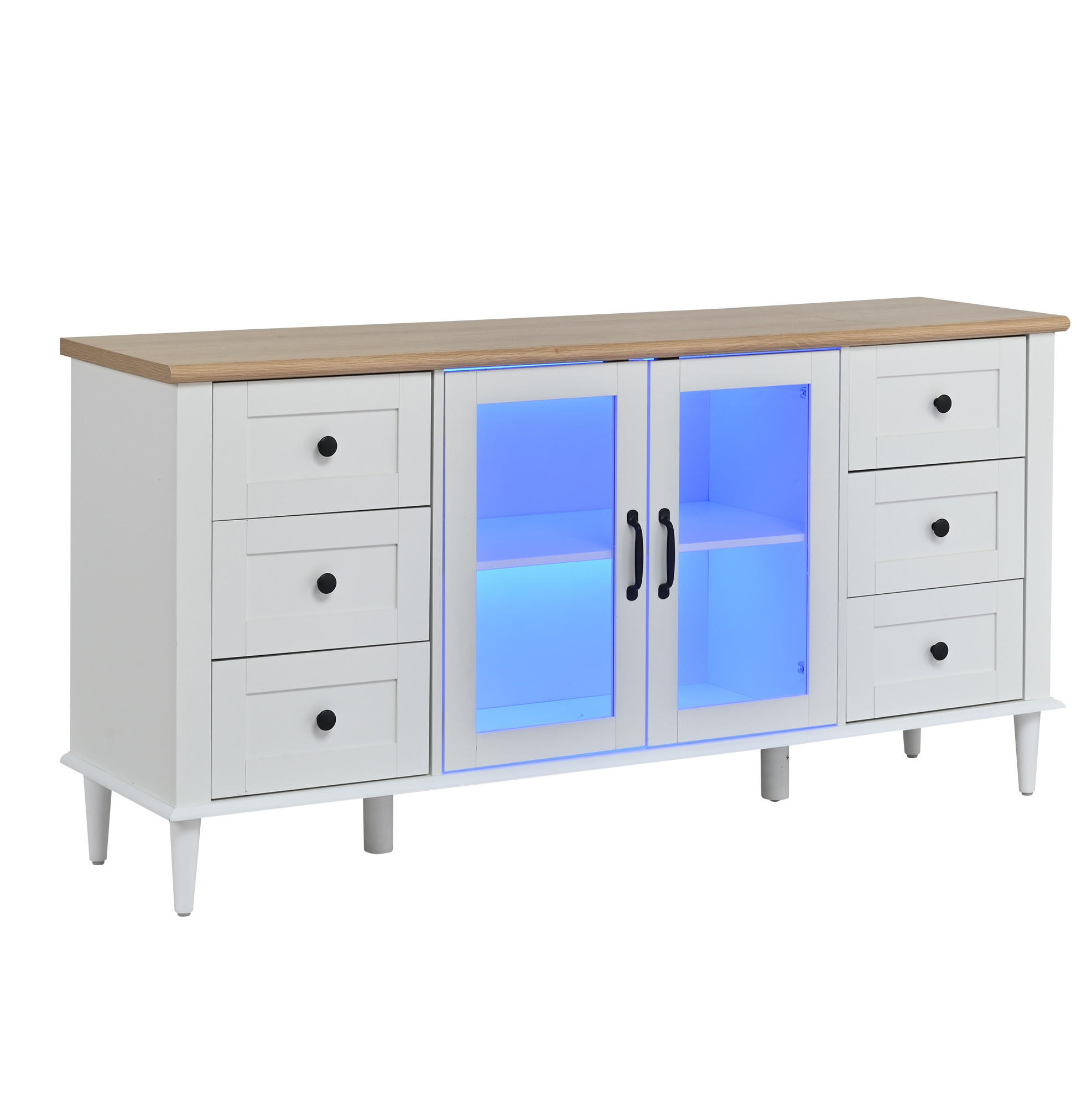 PŘÍBORNÍK z MDF 150x40x75 cm bílý v dekoru dřeva s LED osvětlením, 6 zásuvkami a 2 akrylovými dvířky - bílá, kompozitní dřevo (150/75/40cm) - Modfu