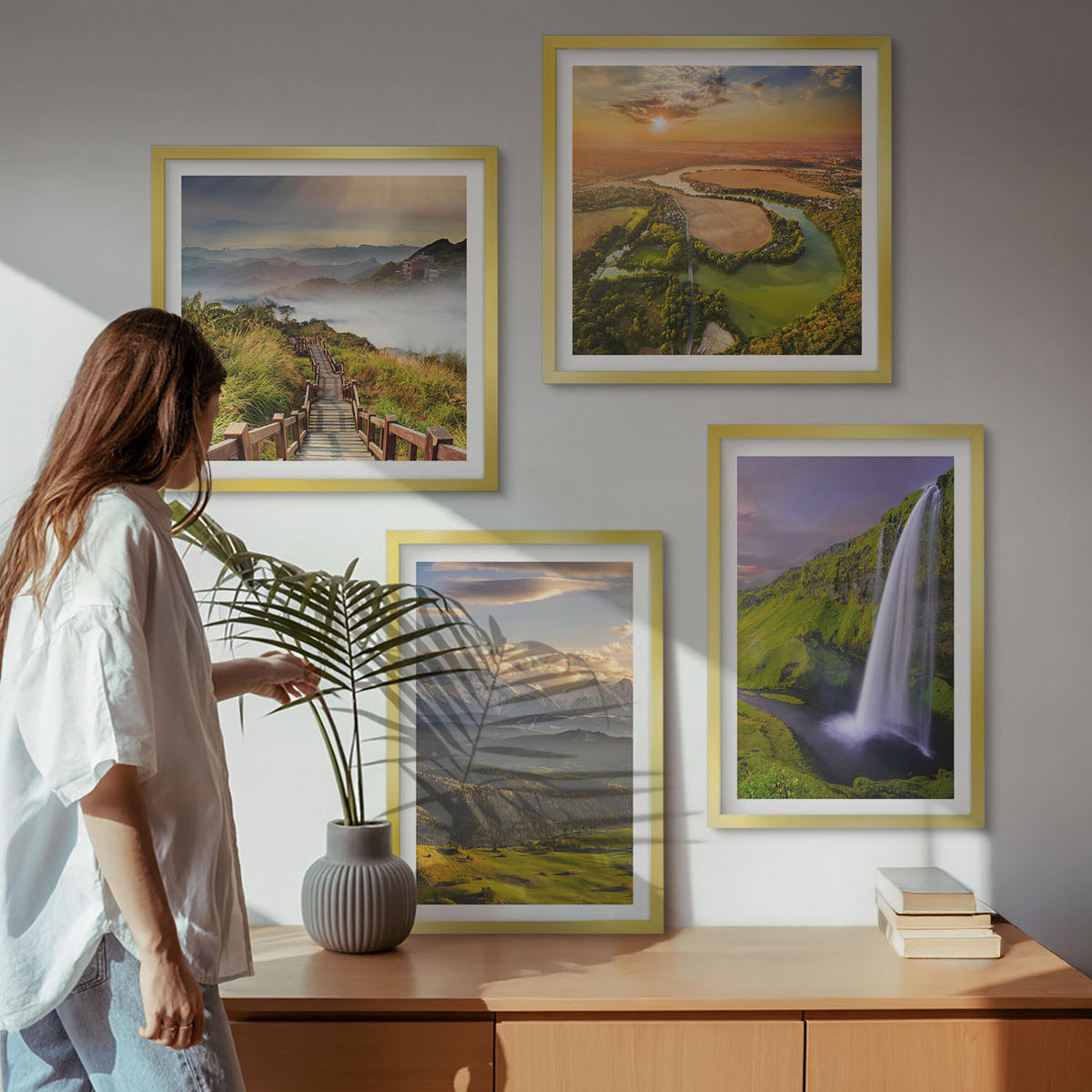 WANDBILDER 4er Set - 50x50 cm & 40x60 cm Goldrahmen - Ausblicke auf Berge, Flüsse und Wasserfälle - Goldfarben, Kunststoff (50/50cm) - ArtPrintCave
