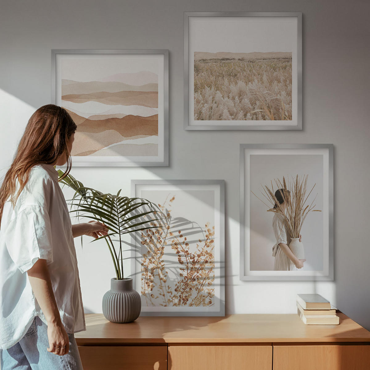 BILDER SET 4er Set - 50x50 cm & 40x60 cm Silberner Rahmen - Pflanzenmotive im Boho-Stil - Silberfarben, Kunststoff (50/50cm) - TULUP