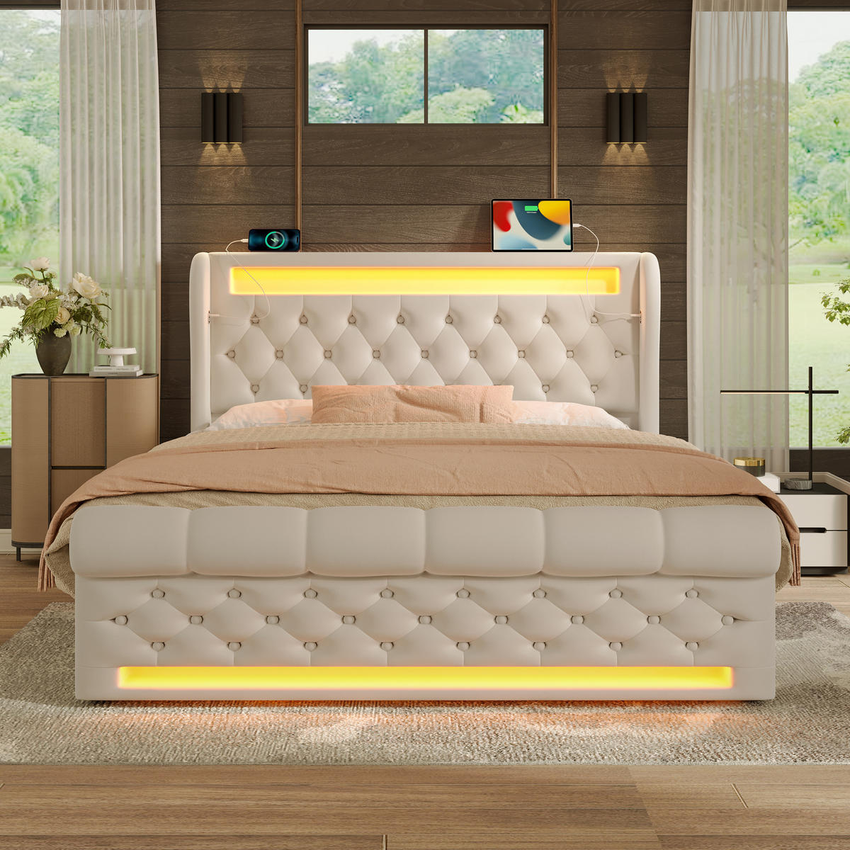 POLSTERBETT 160/200 cm Beige mit LED-Beleuchtung und Stauraum-Kopfteil - Beige, Textil (160/200cm) - OKWISH