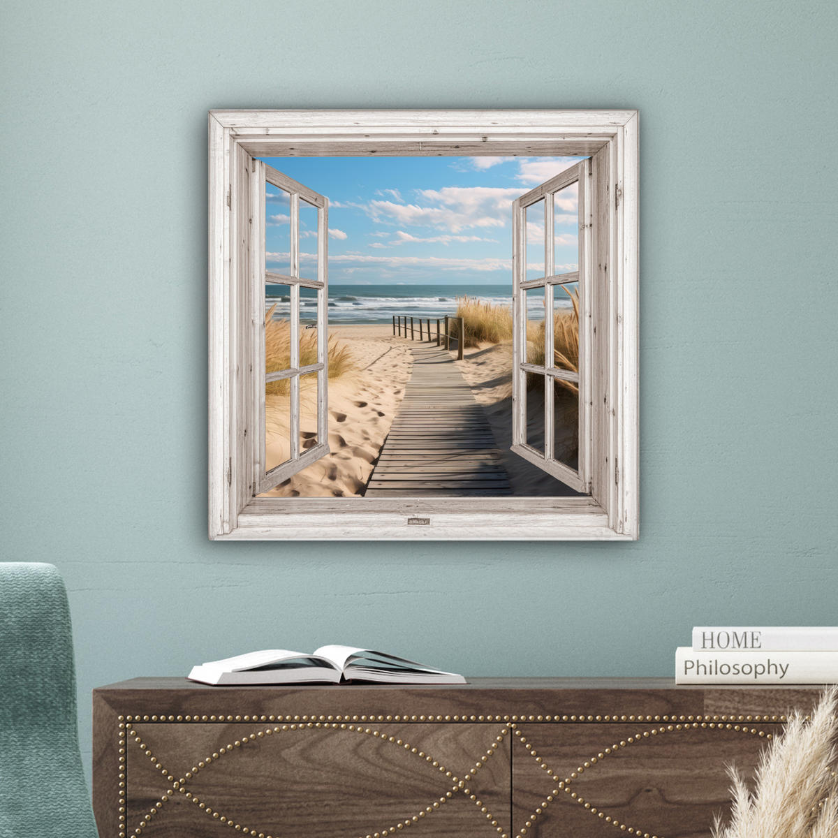 LEINWANDBILD Fenster - Meer - Küste - Natur - Ausblick - Strand - Wattenmeer Wandbild Wohnzimmer 50x50 cm - Beige, Textil (50/50cm) - MuchoWow