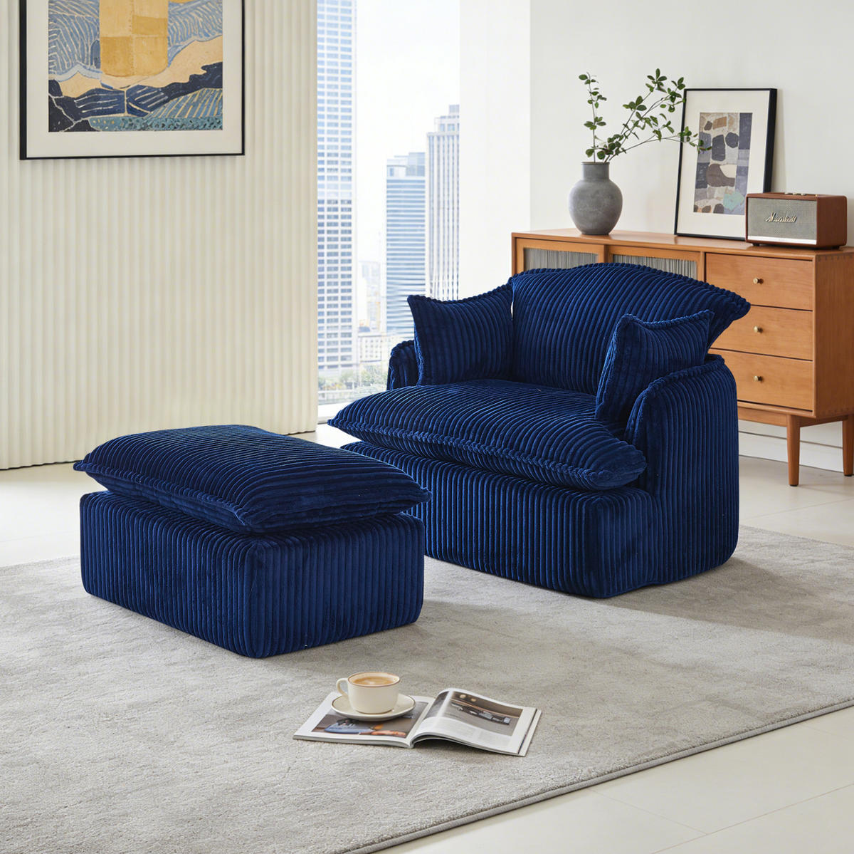 SESSEL mit Hocker 115 x 89 x 77 cm Stoff Blau 2-tlg. - Blau, Kunststoff (89/77/115cm) - Meubliv