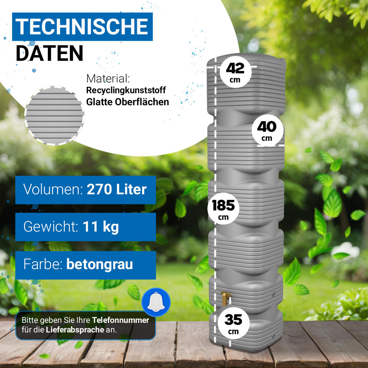 WANDTANK 270 L, betongrau - Grau, Kunststoff (40/185/42cm) - 4rain