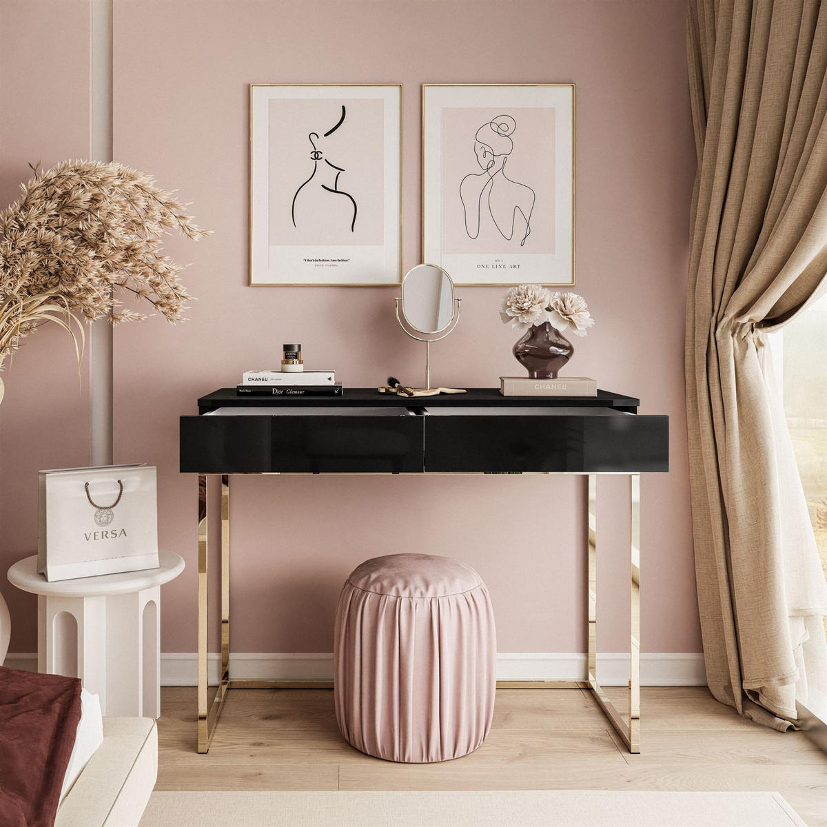 KONSOLE BLANCO mit Schubladen GOLD CHROM Schwarz Hochglanz PUSH OPEN - Schwarz Hochglanz/Goldfarben, Holzwerkstoff (42/100/81cm) - Lookway