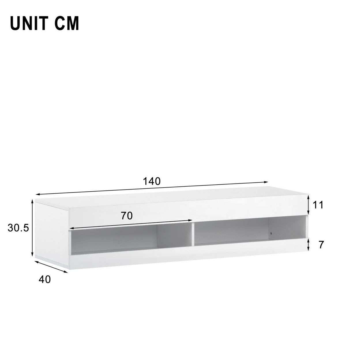 TV ormarić od MDF-a 140x40x30,5 cm bijela s LED rasvjetom, zidna montaža i visokosjajna prednja strana - bijela, drvni materijal (140/30.5/40cm) - Modfu