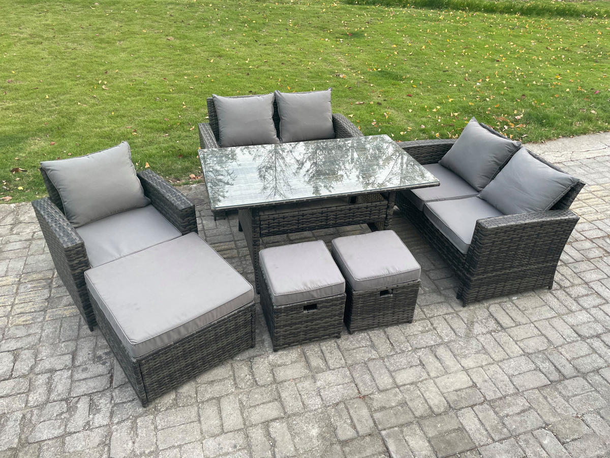 BALKONMÖBEL-SETS mit 2-Sitzer Sofa,3 Hockern,Esstisch Polyrattan Dunkelgrau 8-Sitzer - Dunkelgrau/Grau, Glas/Kunststoff - Fimous