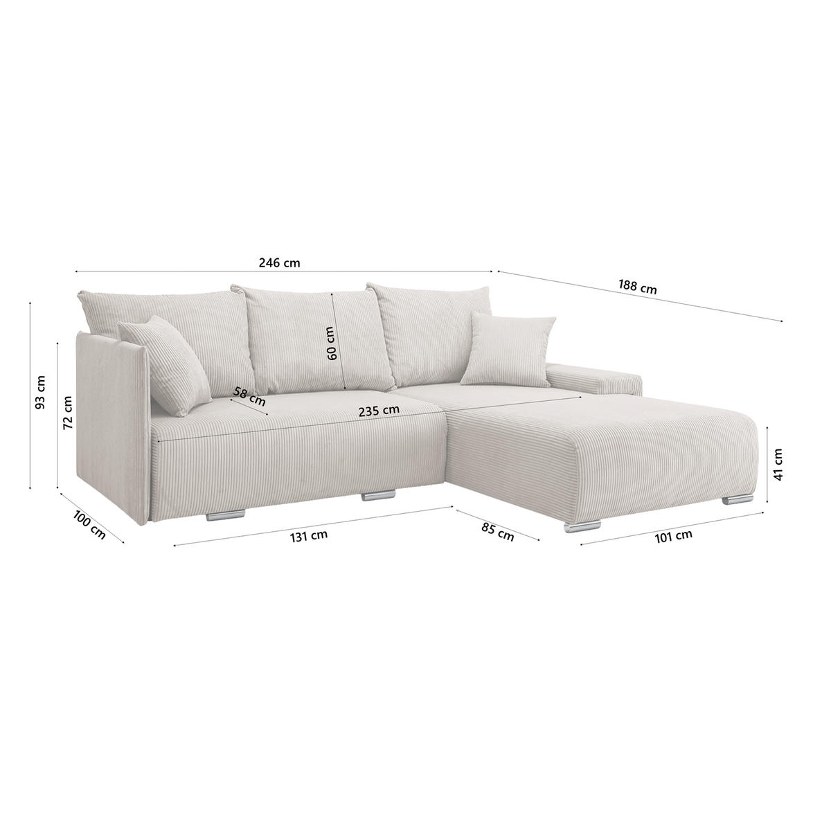 ECKSOFA TRAWANGA L mit Schlaffunktion, Creme - Creme, Textil (246/188cm) - Fedve