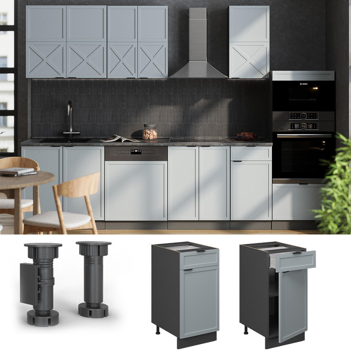 KÜCHENUNTERSCHRANK Fame-Line Hellblau-grau 40 cm, AP Eiche - Anthrazit/Blaugrau, Holzwerkstoff (40/82/60cm) - Vicco