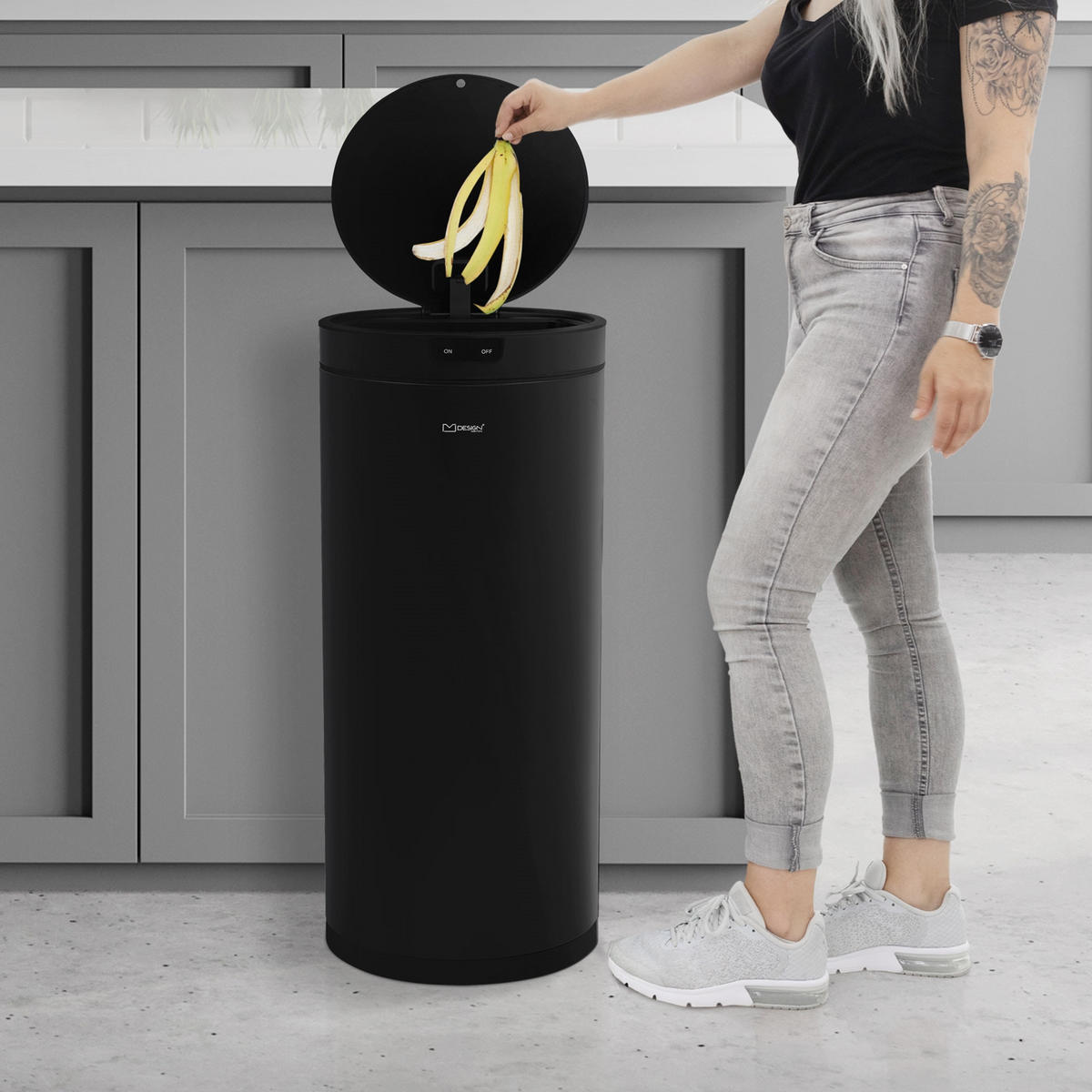 MÜLLEIMER mit Sensor 40L rund aus Stahl Schwarz - Schwarz, Metall (29/68/29cm) - ML-DESIGN