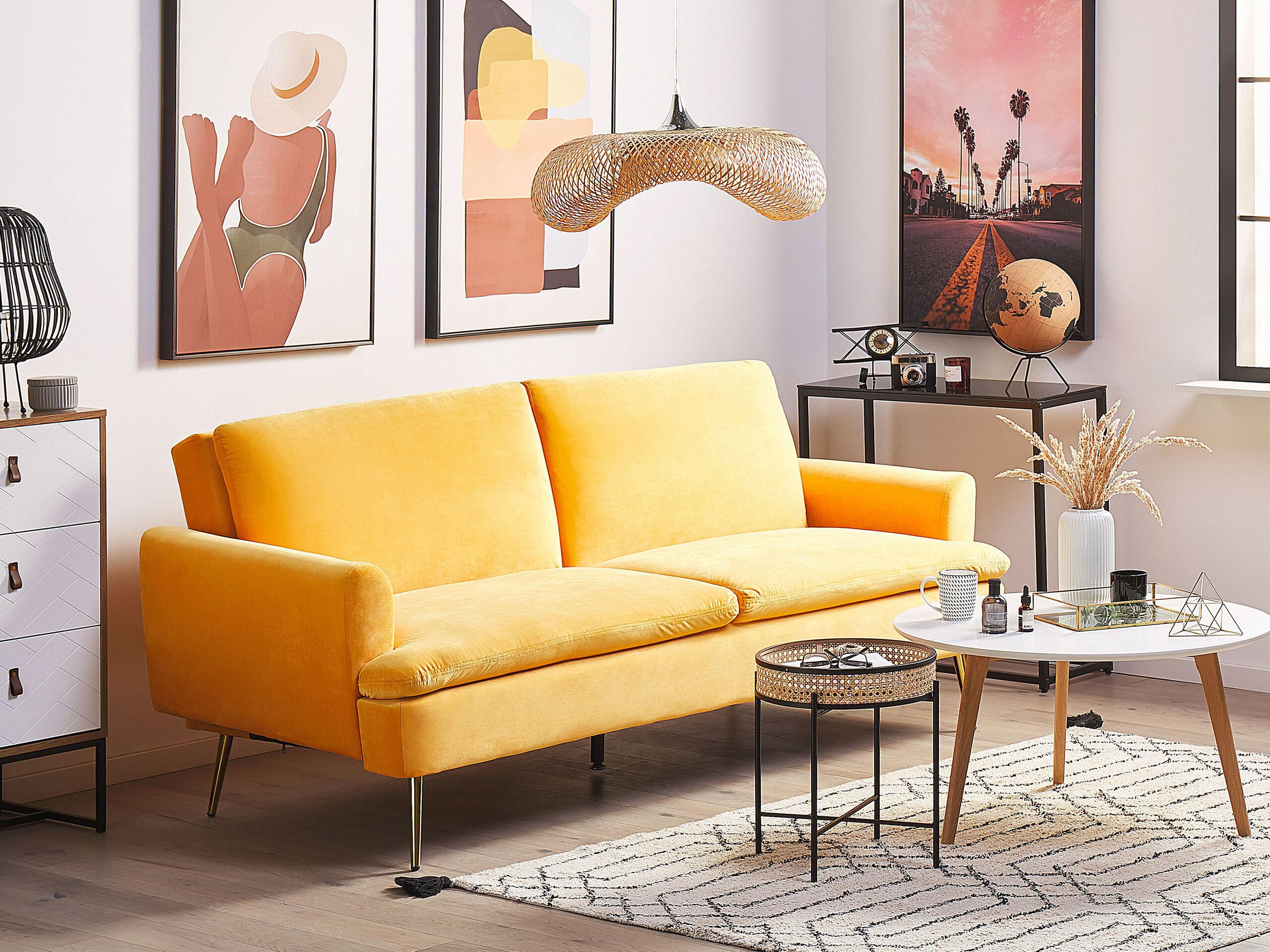 3-SITZER-SCHLAFSOFA Samtstoff Gelb Vettre - Gelb, Textil (210/88/84cm) - Beliani