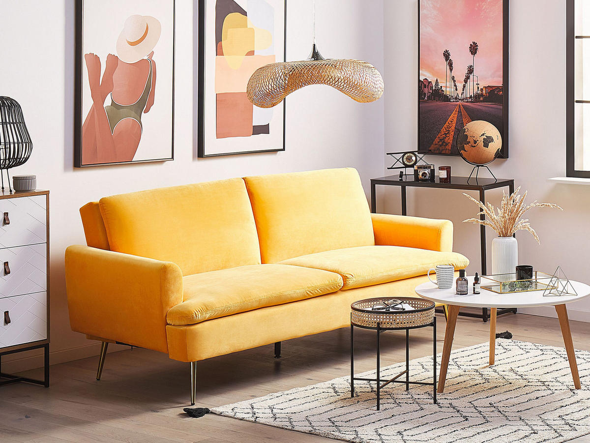 3-SITZER-SCHLAFSOFA Samtstoff Gelb Vettre - Gelb, Textil (210/88/84cm) - Beliani