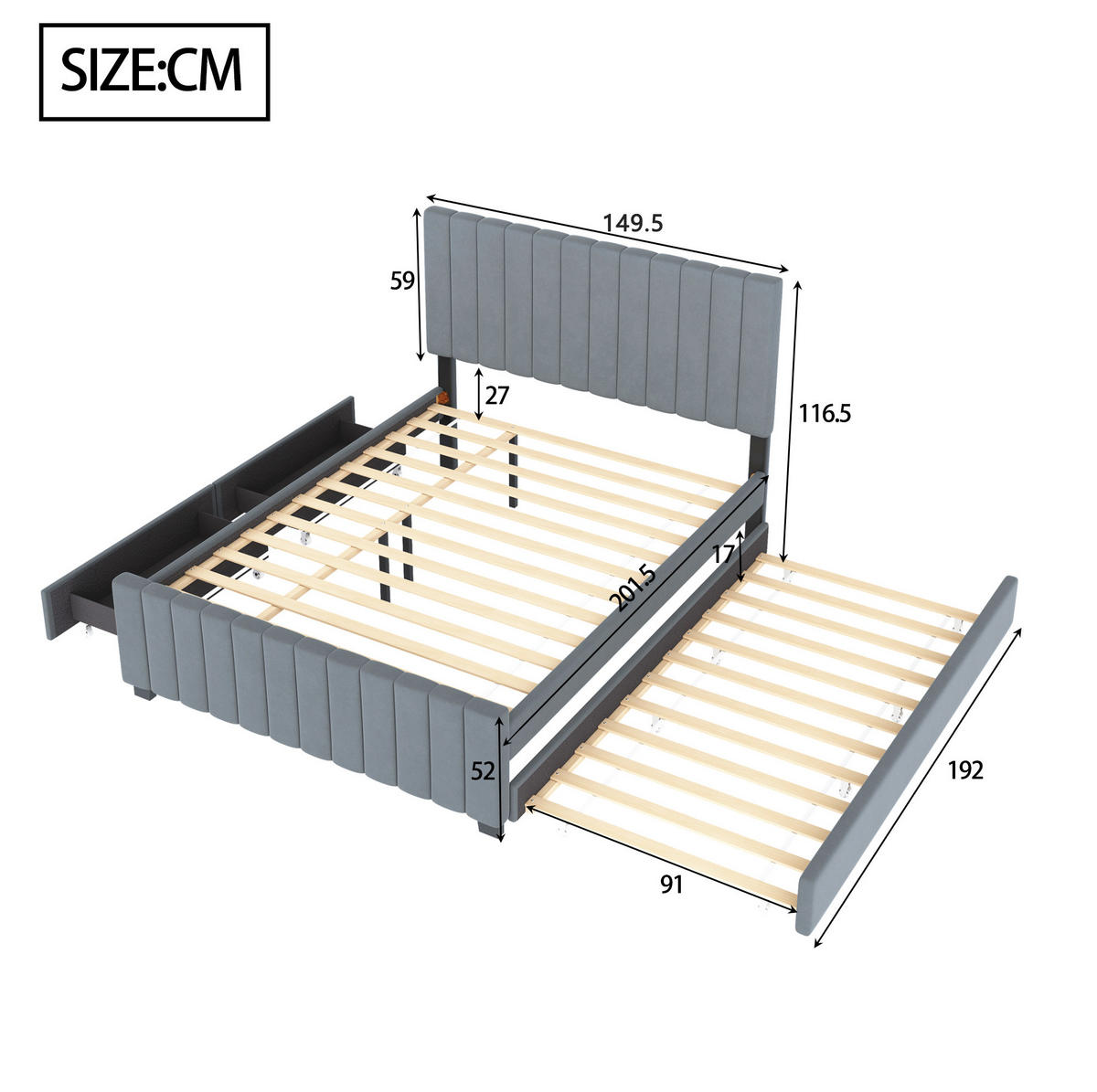 ČALÚNENÁ posteľ z MDF, kovu a zamatovej látky 140x190 cm sivá s výsuvným lôžkom a 2 zásuvkami - sivá, textil (140/190cm) - Modfu