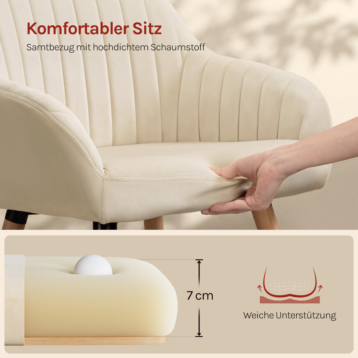 ESSZIMMERSTUHL 4er-Set, Samt, Massivholz, Creme - Creme/Naturfarben, Holz/Textil (52/81.5/51.5cm) - Woltu