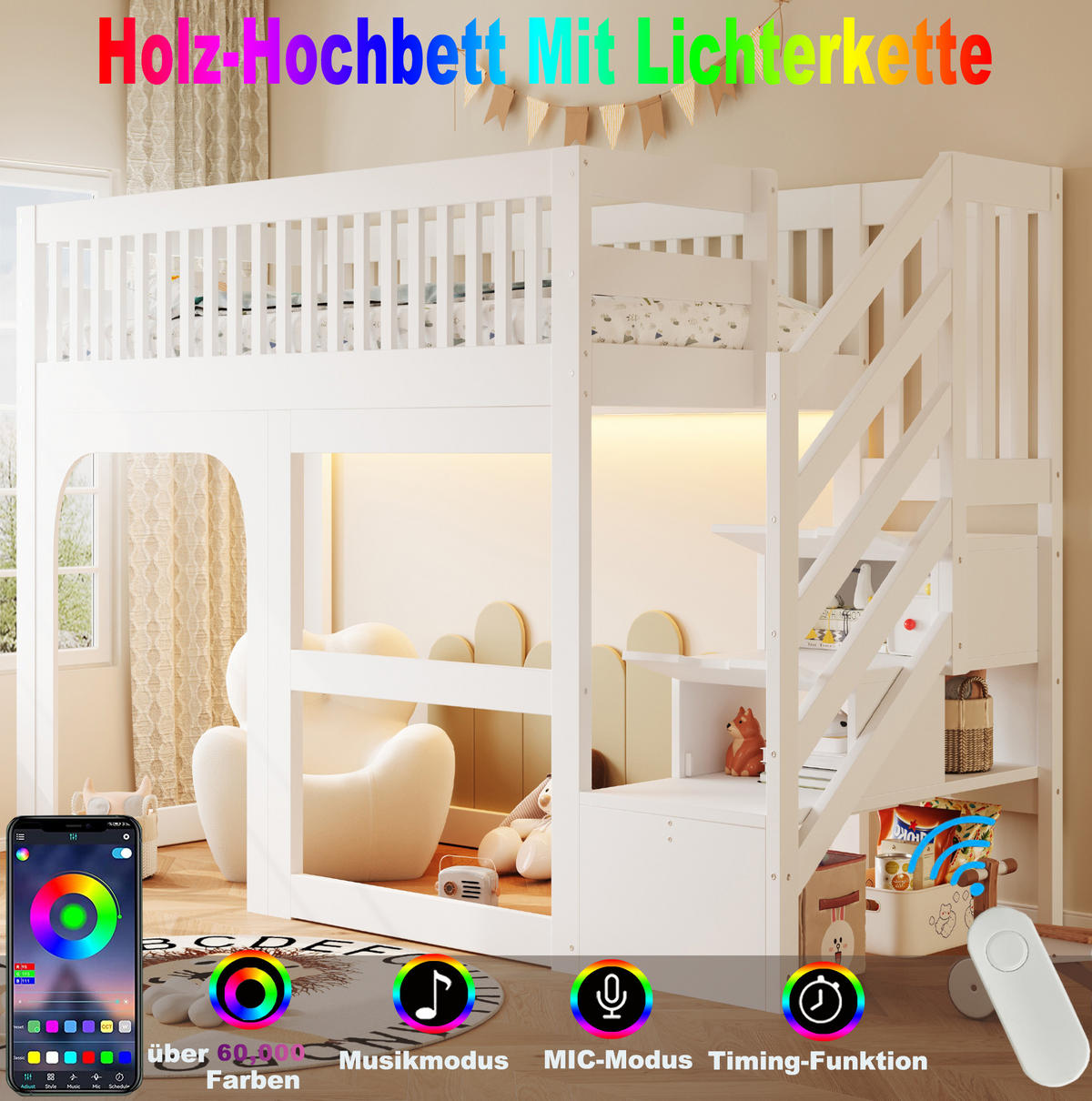 HOCHBETT aus Kiefernholz, Sperrholz und MDF 90x200 cm Weiß mit Stauraumtreppe, LED-Beleuchtung und Sicherheitsgeländern - Weiß, Holz (90/200cm) - Modfu