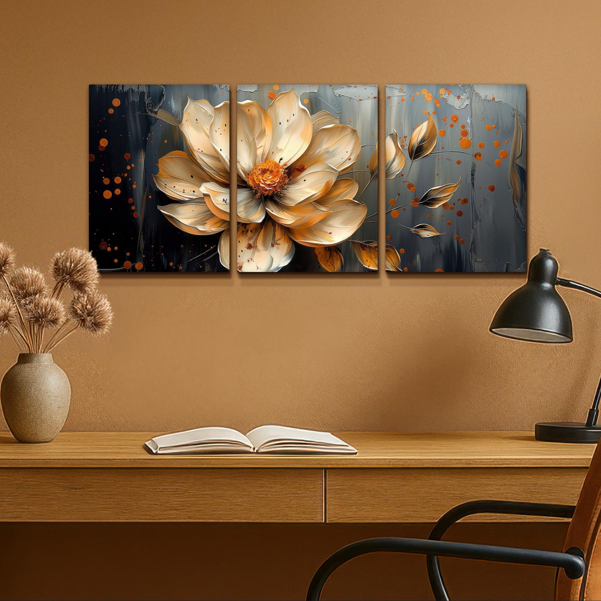 LEINWANDBILD 3er Set Blume - Gold - Abstrakt - Farbe 90x40 cm - Creme, Textil (90/40cm) - MuchoWow