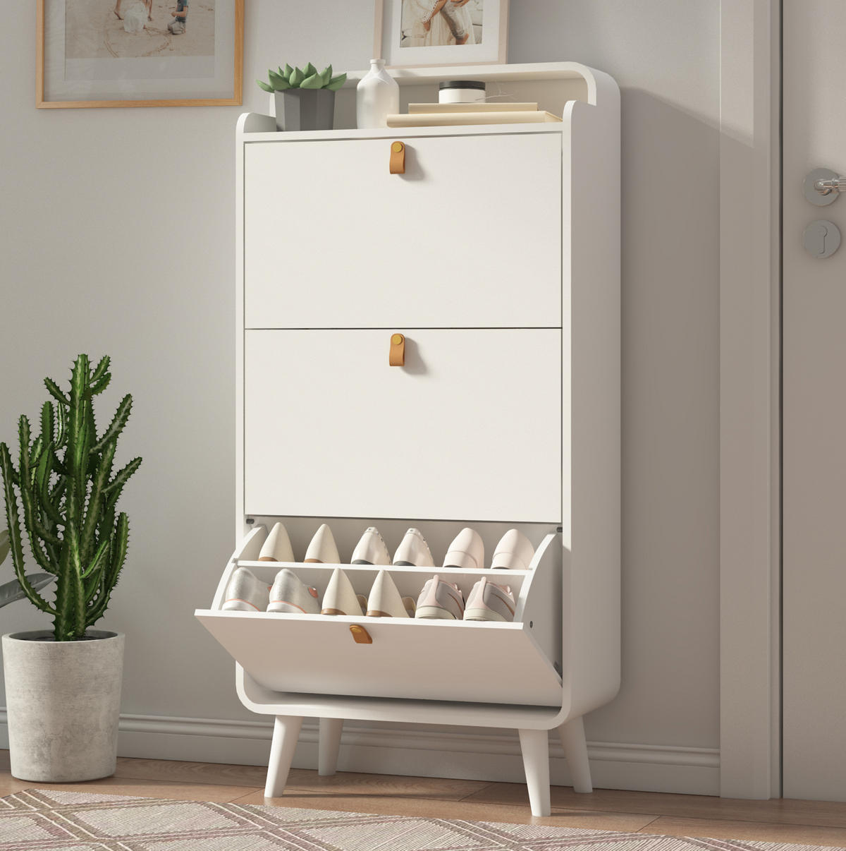 SCHUHSCHRANK mit 3 Klappen in Weiß – schmales Design mit Oberboden - Weiß, Holzwerkstoff (63/133.7/29.5cm) - BEAOK