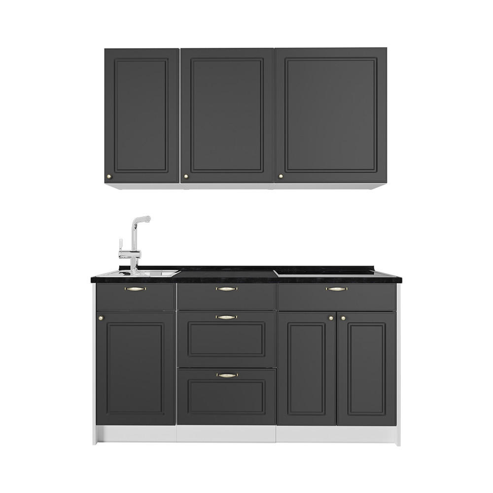 SINGLEKÜCHE Fame-Line, Anthrazit-Gold Landhaus/Weiß, 150 cm, AP Anthrazit - Anthrazit/Weiß, Holzwerkstoff (150/82/60cm) - Vicco