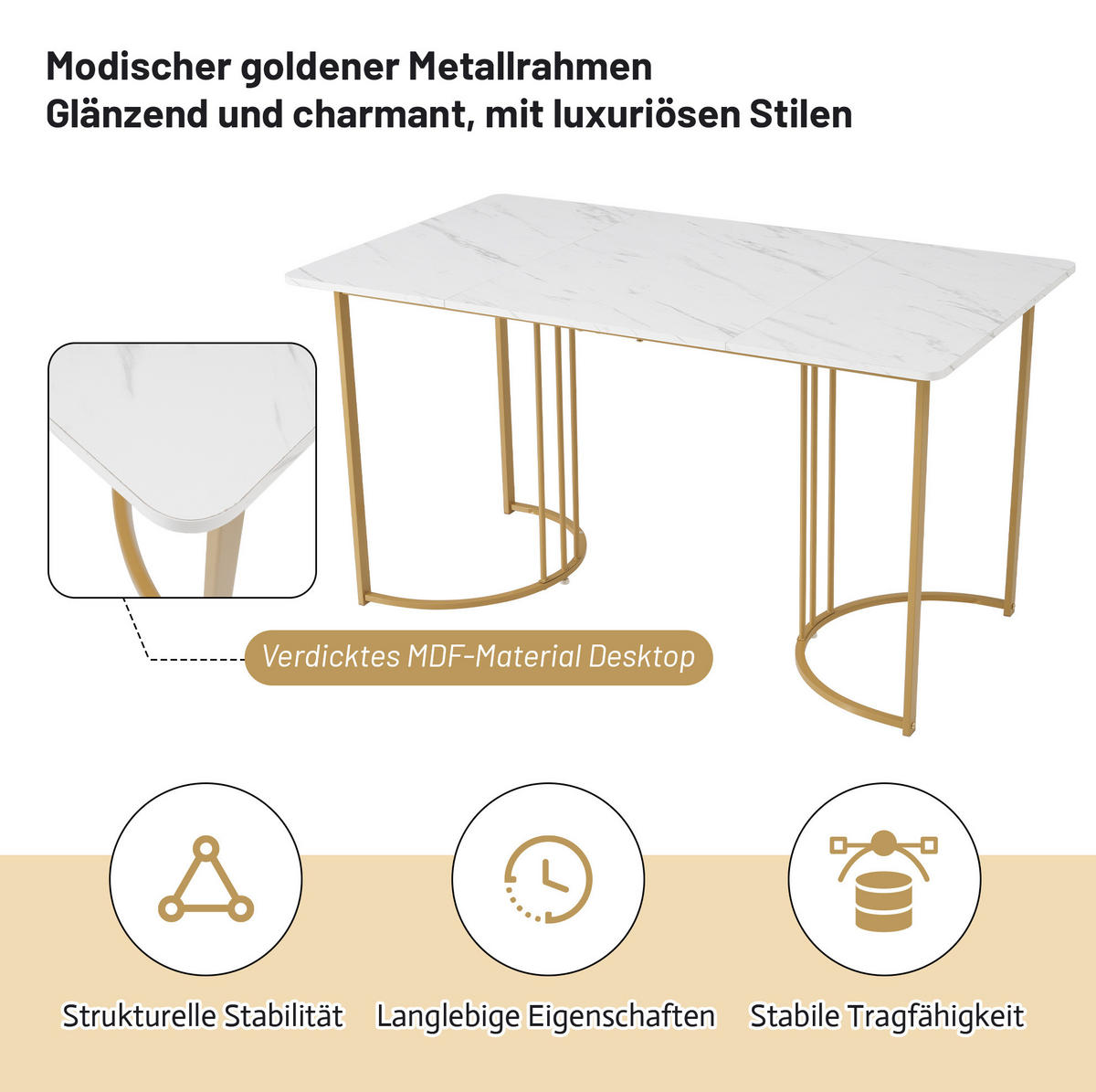 ESSTISCH, MDF mit Marmor-Muster & Metallgestell, 140/80/75 cm, Gold - Goldfarben, Holzwerkstoff (140/80/75cm) - Redom