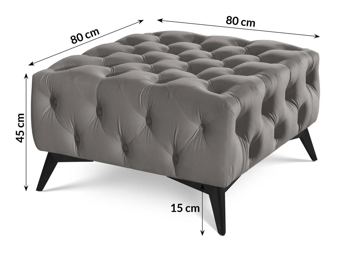 HOCKER Chesterfield Whitby Grau Samt mit schwarzen Füßen - Schwarz/Grau, Holz/Textil (80/45/80cm) - S-Style Möbel