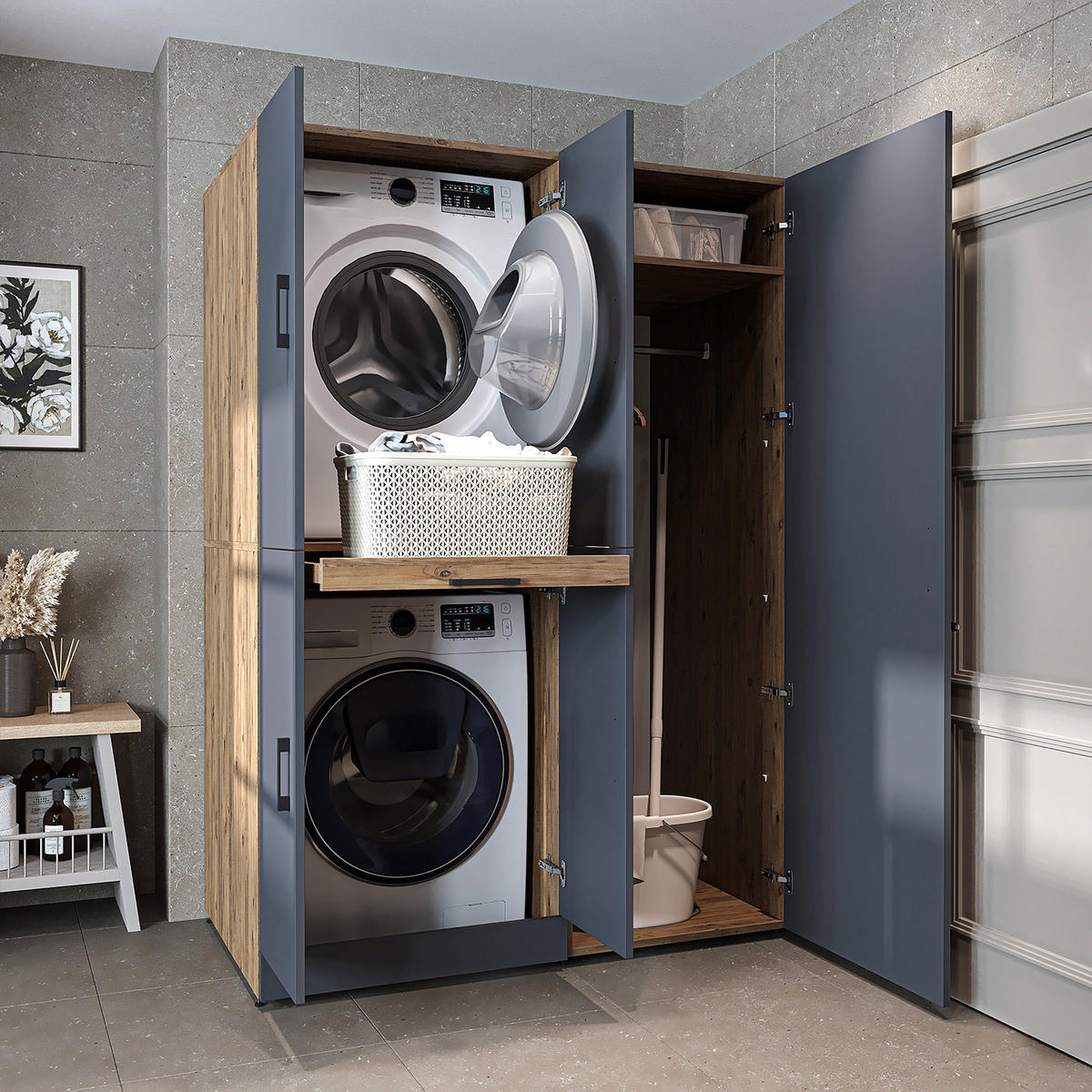 WASCHMASCHINENSCHRANK DORA-I 130cm Breit, 186cm Hoch - Anthrazit, Holzwerkstoff (130/186/73.8cm)
