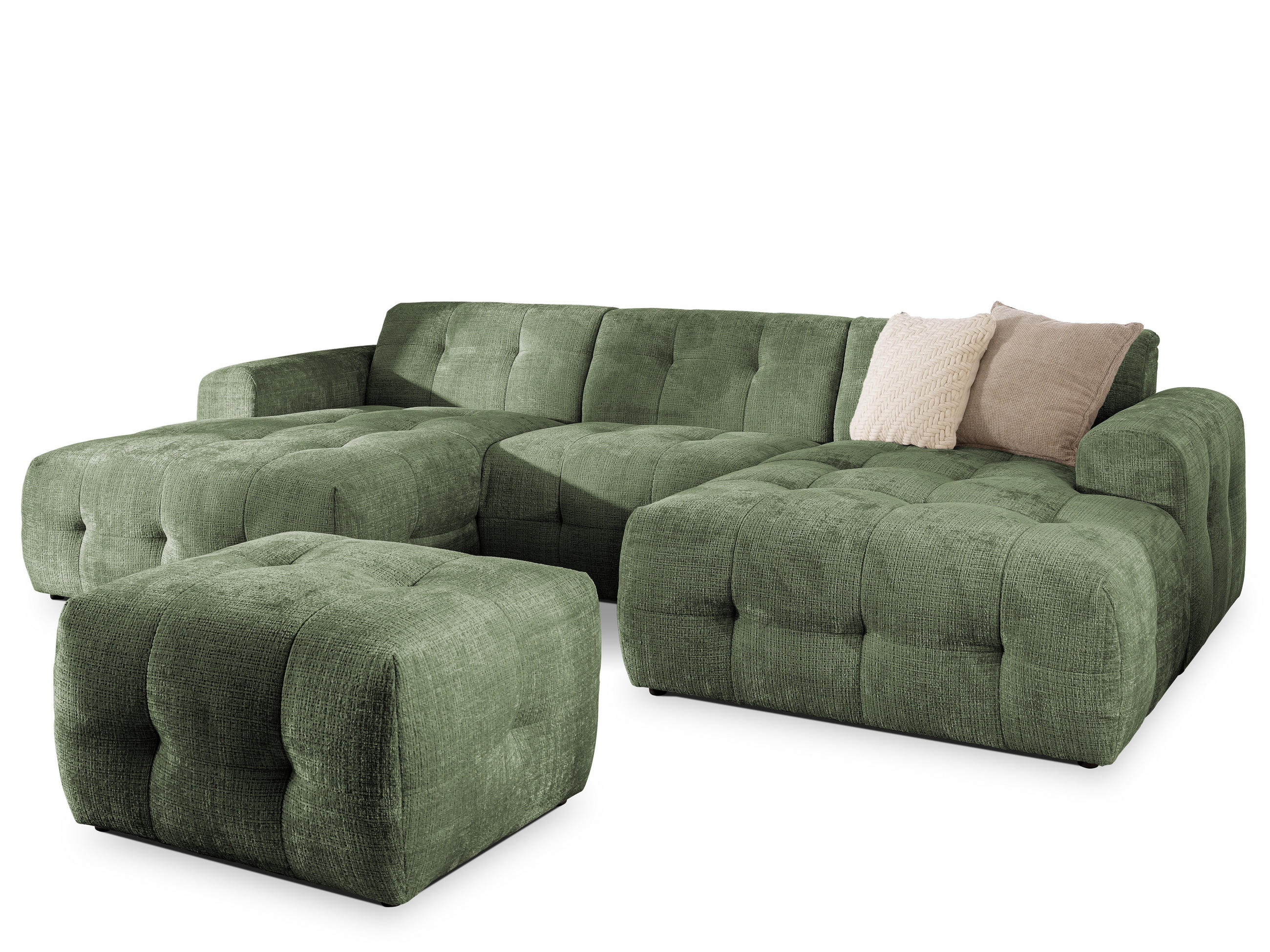 WOHNLANDSCHAFT inkl. Hocker Kozy im Bumpy-Design mit Schlaffunktion und fester Rückenlehne aus weichem Grün Chenille-Stoff - Schwarz/Grün, Holz/Kunststoff (323/79/161cm) - S-Style Möbel