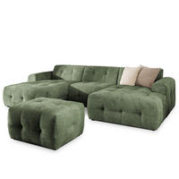 WOHNLANDSCHAFT inkl. Hocker Kozy im Bumpy-Design mit Schlaffunktion und fester Rückenlehne aus weichem Grün Chenille-Stoff - Schwarz/Grün, Holz/Kunststoff (323/79/161cm) - S-Style Möbel