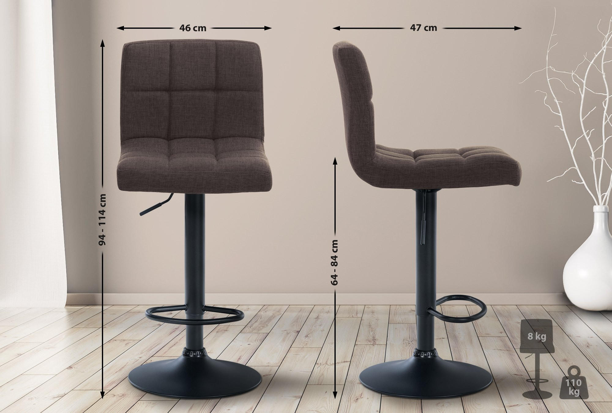 BARHOCKER Stoff braun - Schwarz/Braun, Textil/Metall (46/94/47cm) - CLP