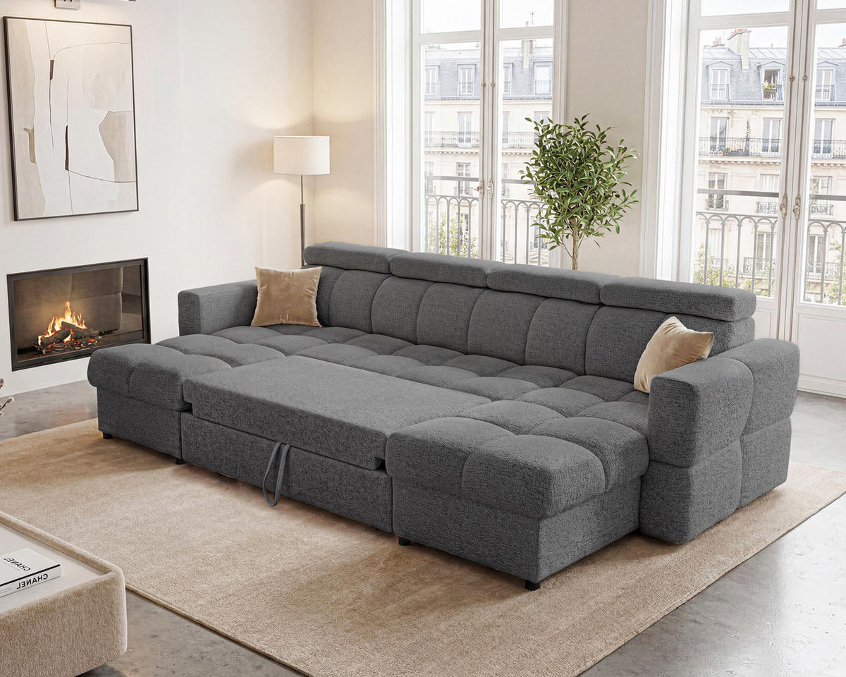 WOHNLANDSCHAFT BELUNO mit Schlaffunktion und Bettkasten Grau - Schwarz/Grau, Kunststoff/Textil (302/84/160cm) - Idohome