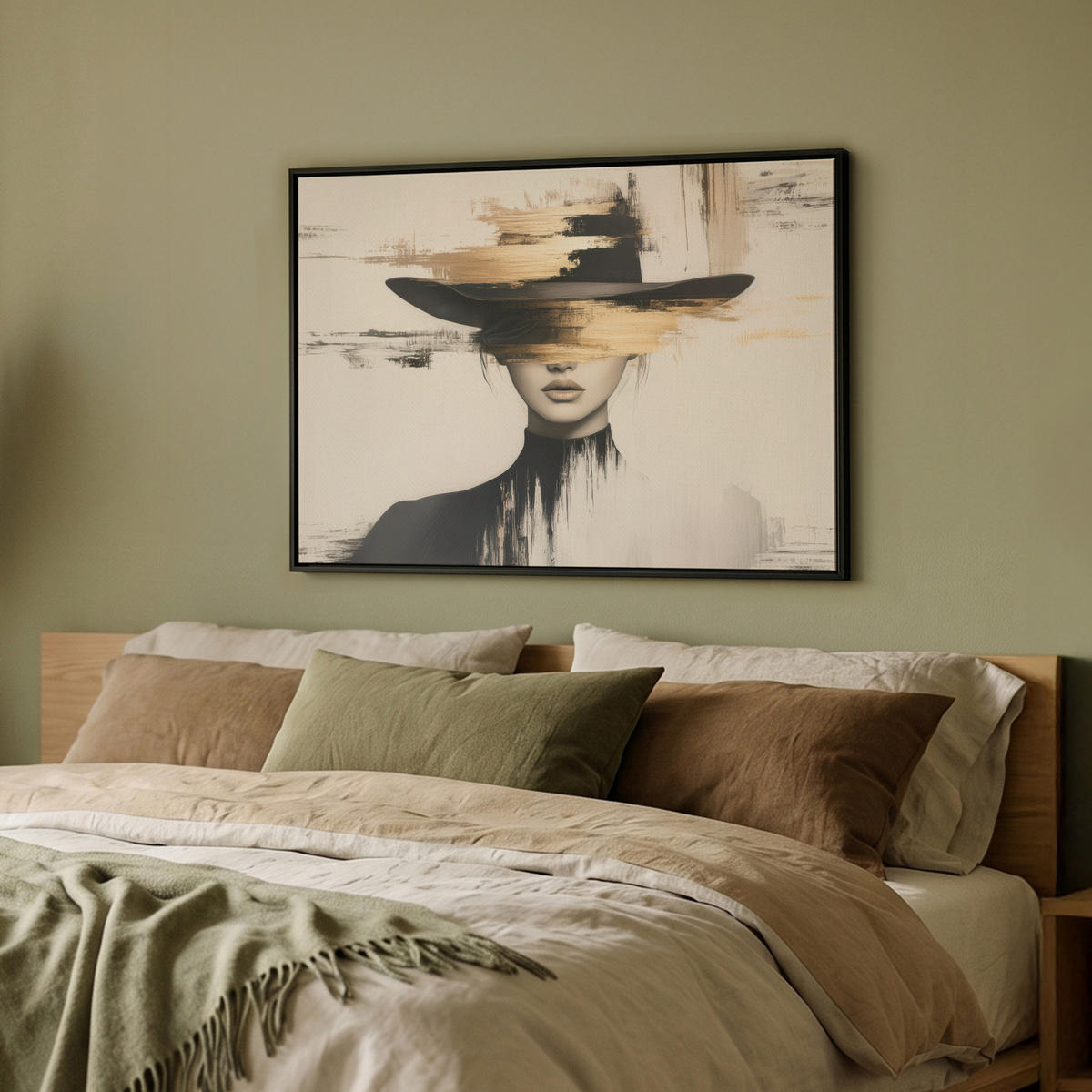 LEINWAND Bilder mit Rahmen - Frau - Hut - Farbe - 80x60 - Goldfarben, Textil (80/60cm) - MuchoWow