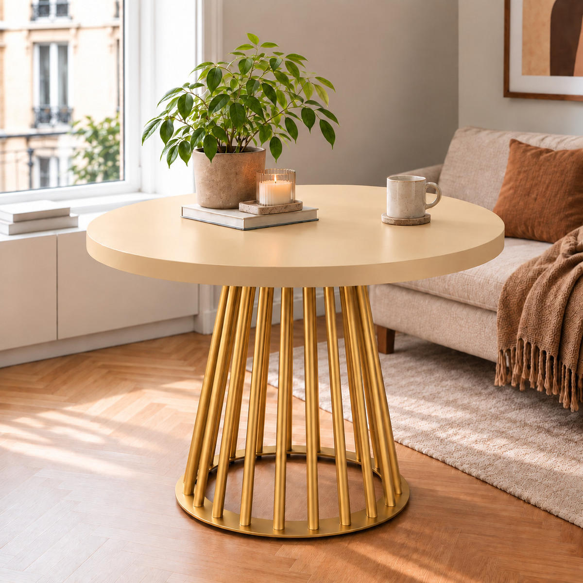 ESSTISCH rund ausziehbar 90/190/76 cm, Kaschmir, 54 cm Tischplatte + Lamellen-Metallgestell Gold - Kaschmir/Goldfarben, Holzwerkstoff/Metall (90/190/76cm) - Damale Möbel