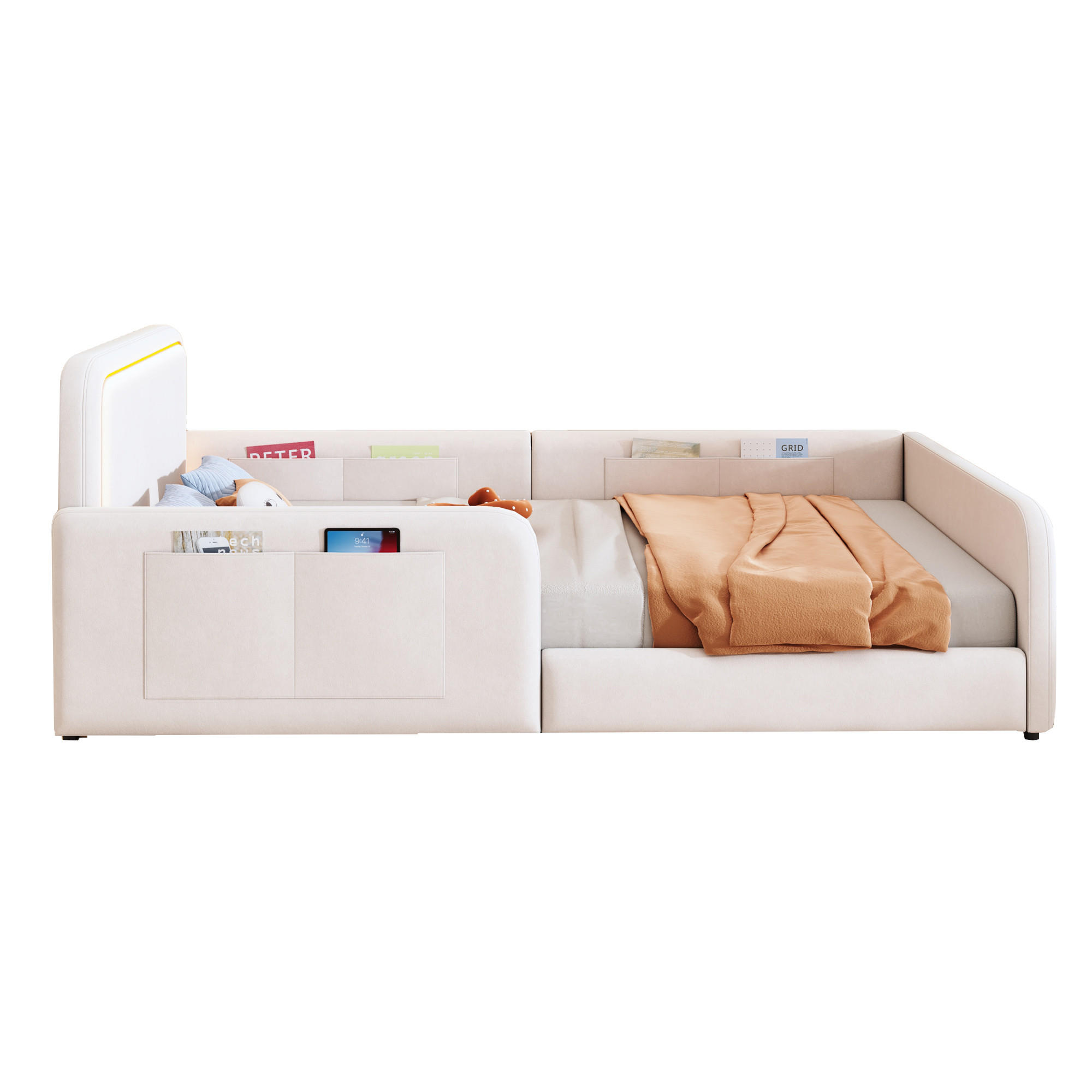 POLSTERBETT 90x200cm LED App Steuerung Seitentasche Beige - Beige, Textil (90/200cm) - FLIEKS