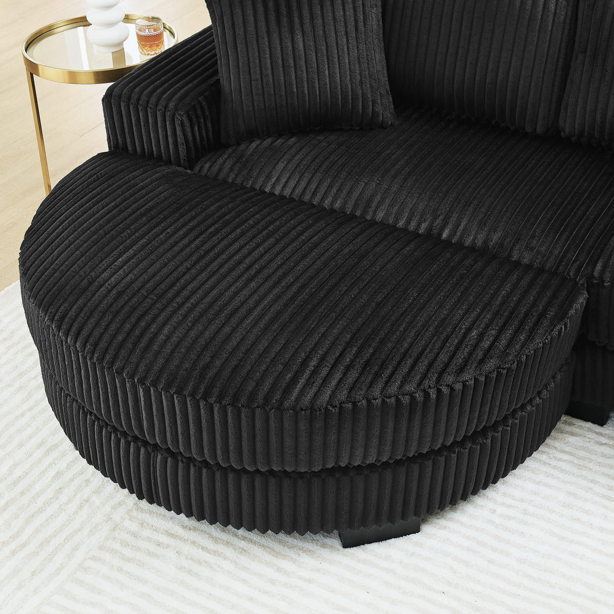 ECKSOFA mit ovalem Hocker und 2 Kissen aus Corduroy - Schwarz, Textil (256.5/133.5cm) - EVRYAE