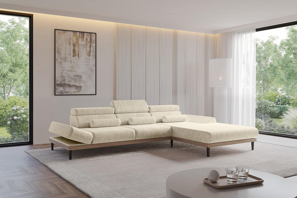 ELEKTRISCHES ECKSOFA Rechts MONA 316x205x85 Creme Velours - Creme, Holzwerkstoff/Textil (316/205cm) - ALTDECOR