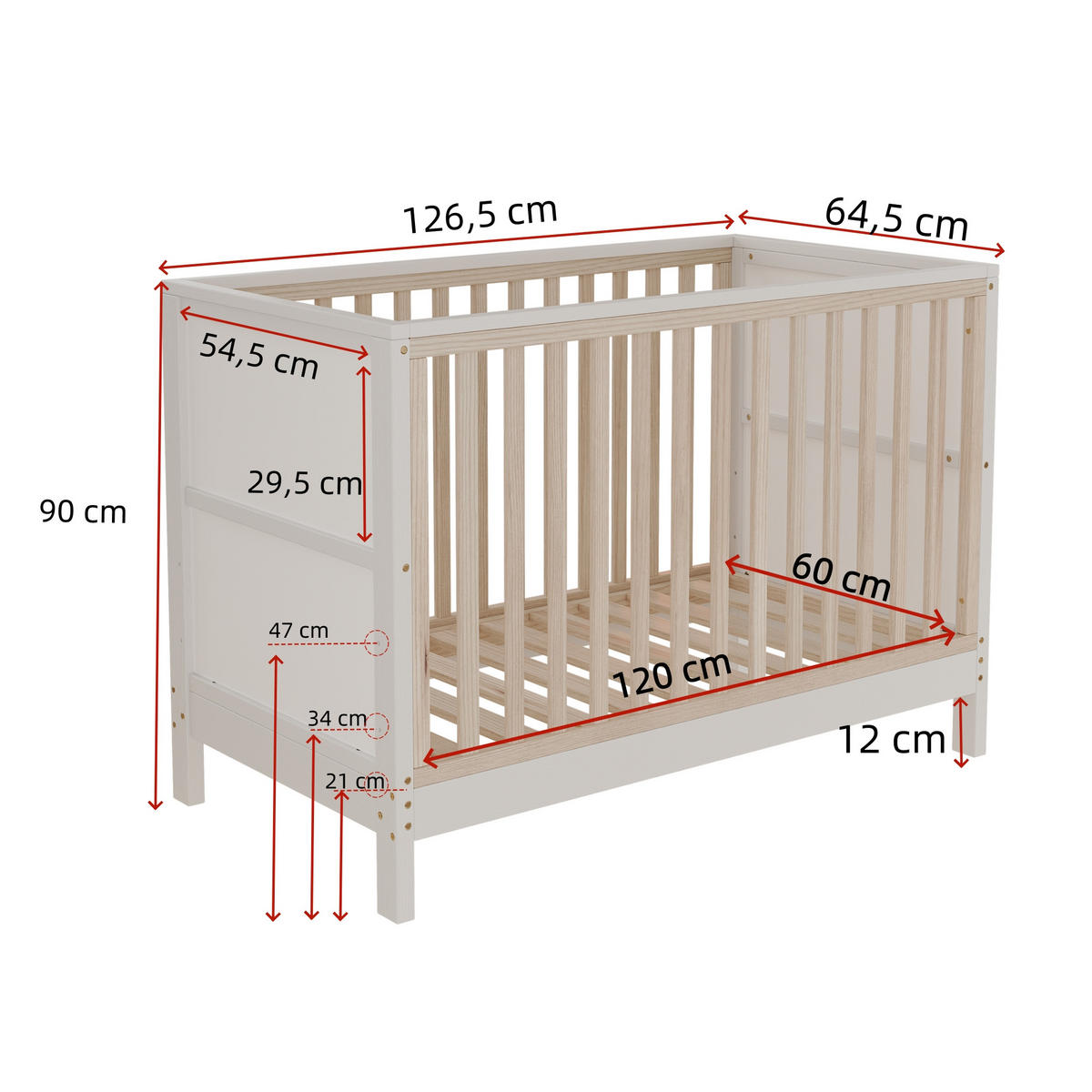 BABYBETT 60/120 cm in Natur/Weiß Massivholz mit bemalbaren Tafeln, 3-fach höhenverstellbar - Weiß/Naturfarben, Holz/Holzwerkstoff (60/120cm) - WISHDOR