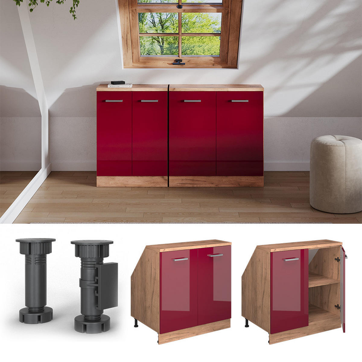 WARDROBE FOR SLOPING CEILING Rion Crveni visoki sjaj 80 x 81.6 cm s 2 vrata, korpus ormara dubine 60 cm - hrast medunac/crvena, drvni materijal (80/83.8/60cm) - Vicco