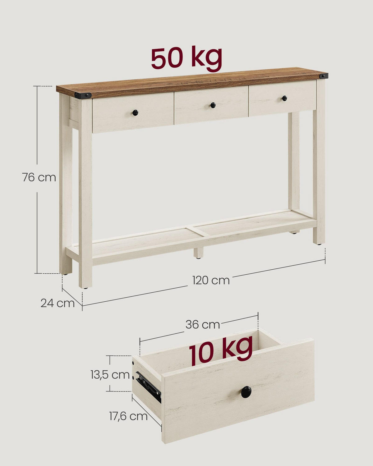 KONSOLENTISCH Hall - Weiß, Holzwerkstoff (120/24/76cm) - VASAGLE