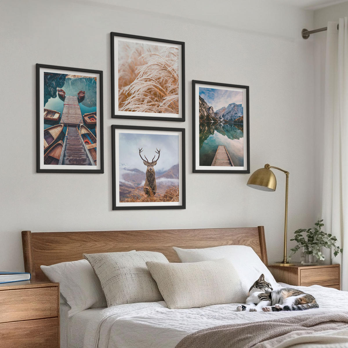 WANDBILDER 4er-Set - 50x50 cm & 40x60 cm Schwarzer Rahmen - Seeboote Hirsche Berge - Schwarz, Kunststoff (50/50cm) - ArtPrintCave